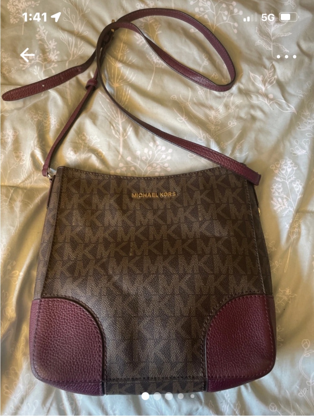 Michael Kors Brown MK Logo Crossbody with Burgundy Accents